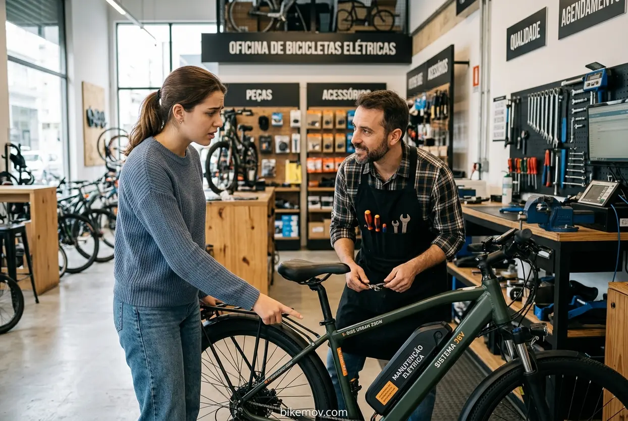 Sinais de Alerta Bike Elétrica Mulher e mecânico examinando uma bicicleta elétrica em uma oficina.