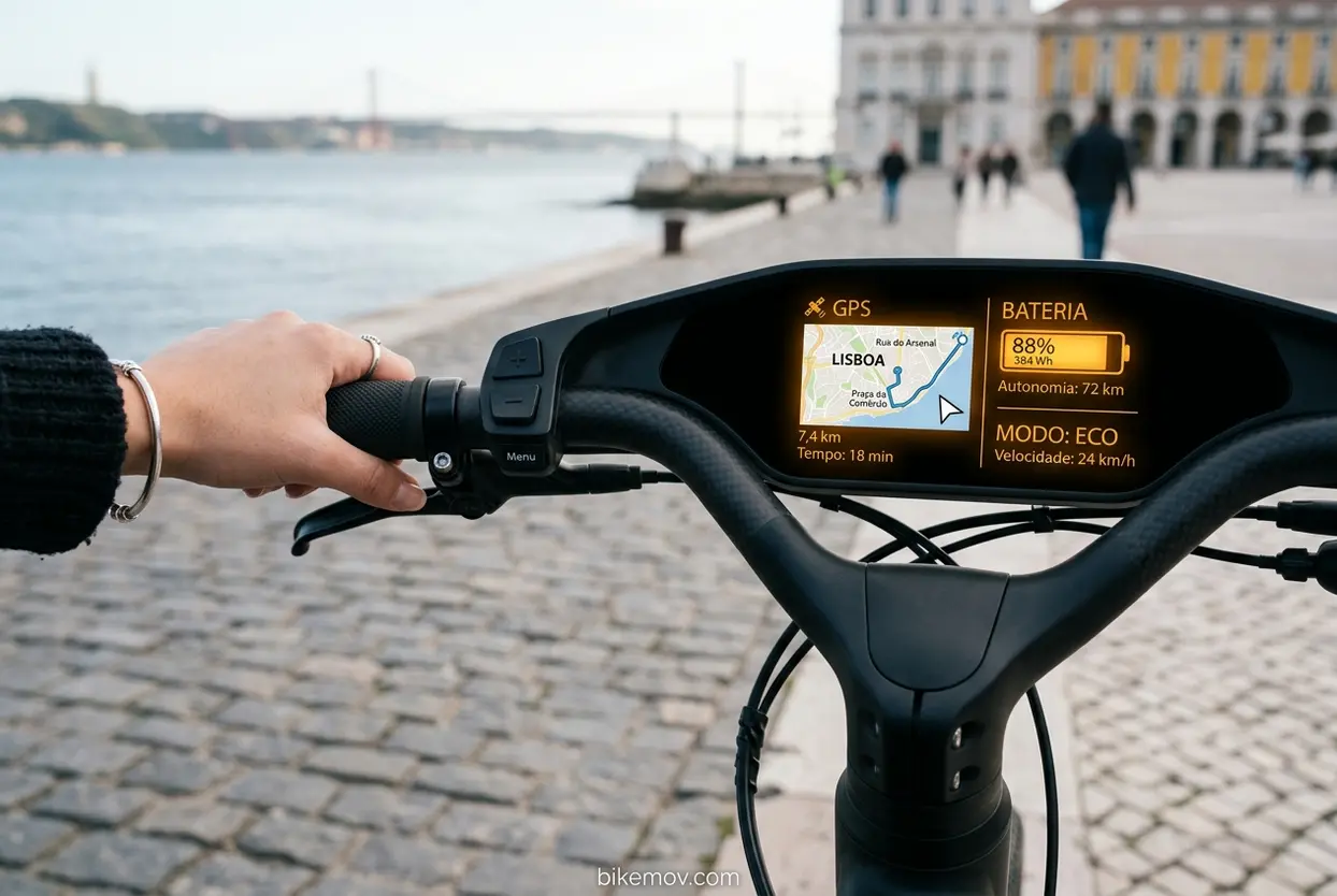 Tecnologia na Bike Elétrica Display inteligente de bike elétrica com GPS e bateria, mostrando a tecnologia avançada.
