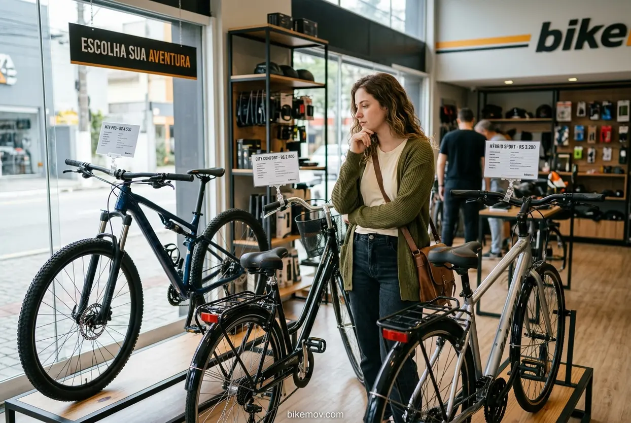 Tipos de bicicleta para iniciantes Mulher analisando tipos de bicicletas