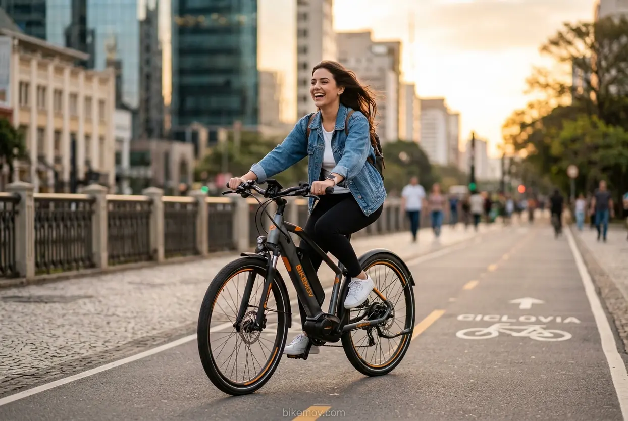 Mulher feliz em bicicleta elétrica urbana