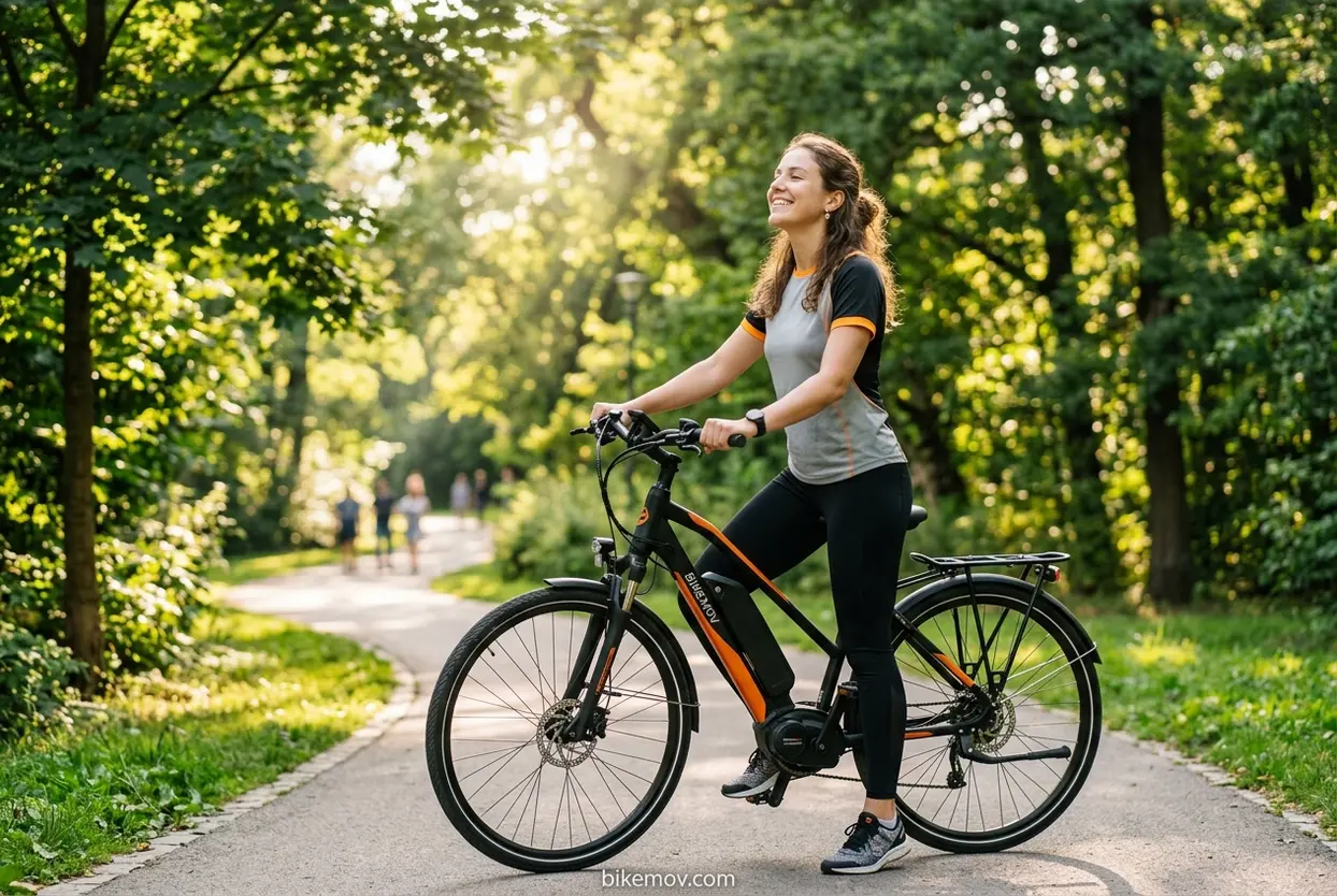 Bicicleta Elétrica e Bem-Estar Urbano Mulher em bicicleta elétrica desfrutando de ar puro em parque da cidade.