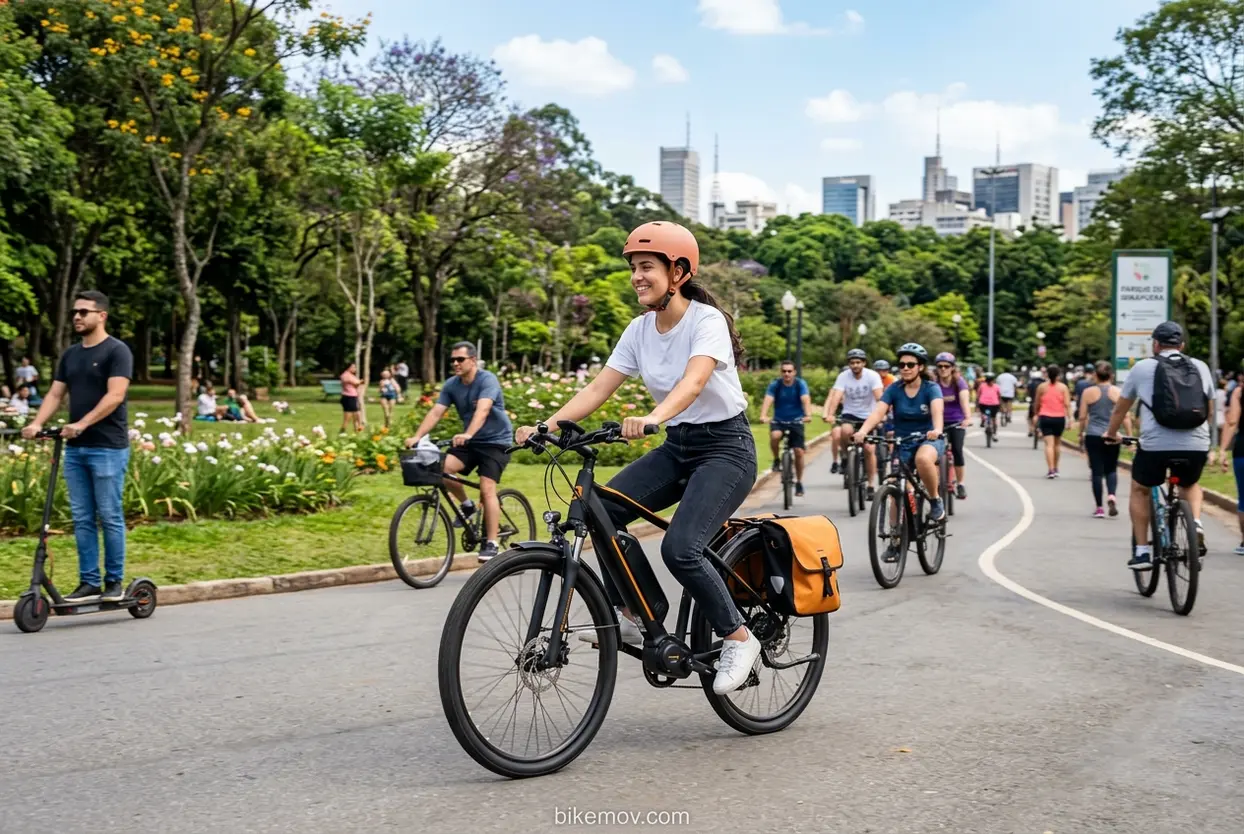 Bicicletas Elétricas e Cidades Mulher feliz andando de bicicleta elétrica em um parque urbano.