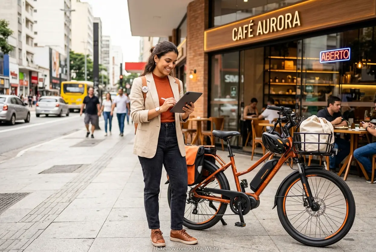 Investimento em E-Bike Mulher calculando economia com bicicleta elétrica