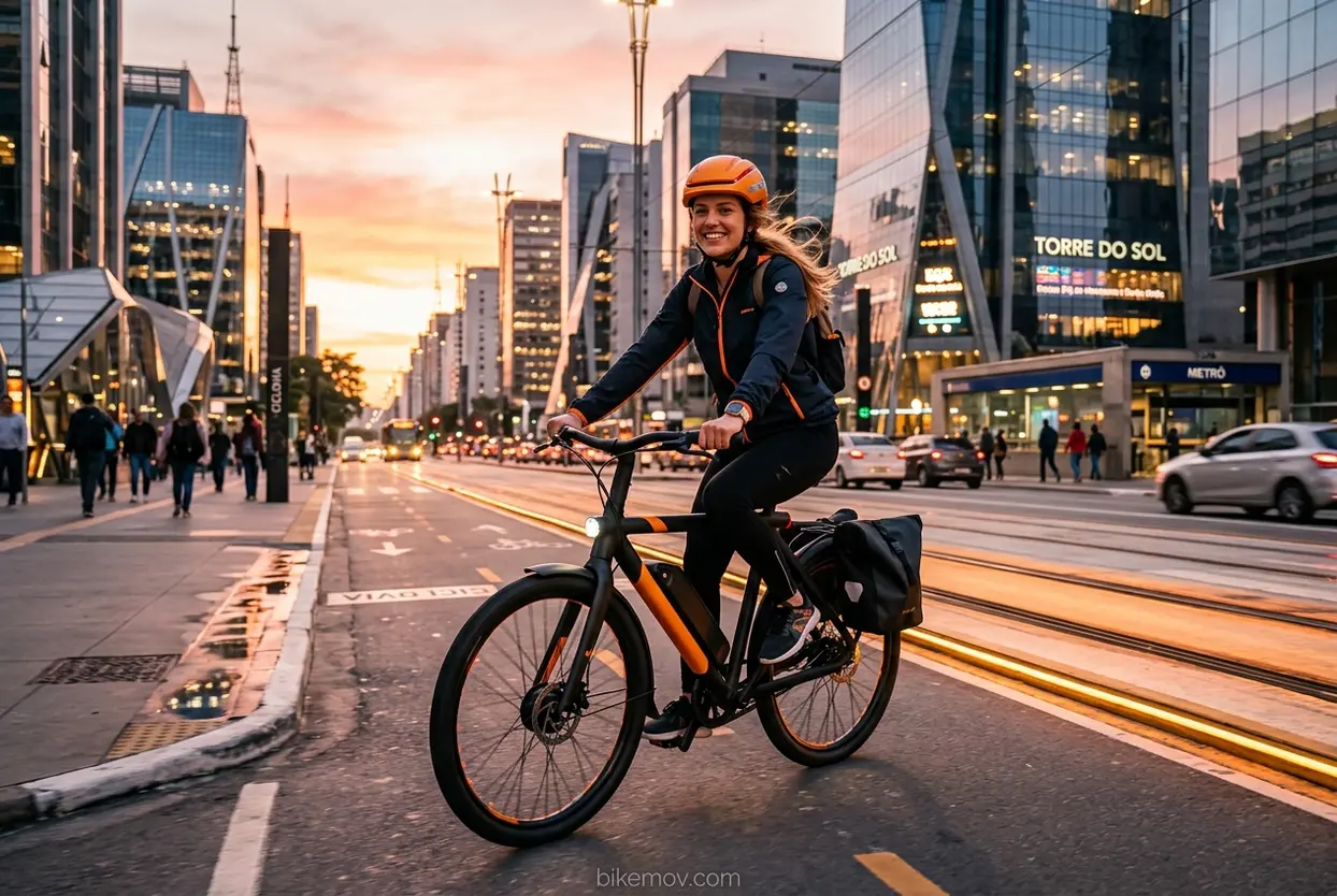 Mulher jovem em bicicleta elétrica no centro da cidade, simbolizando o futuro da mobilidade.