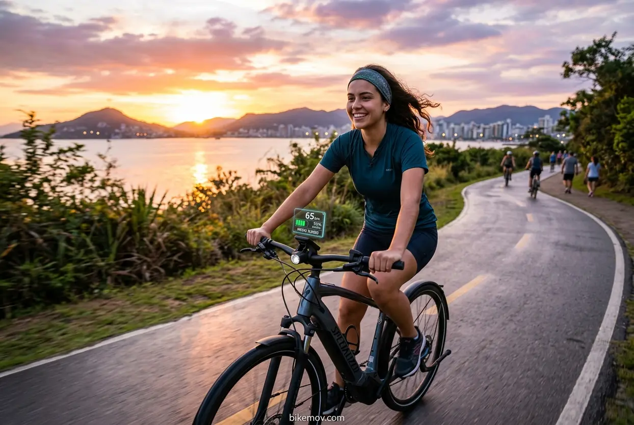 Mulher pedalando ebike com bateria de longa duração
