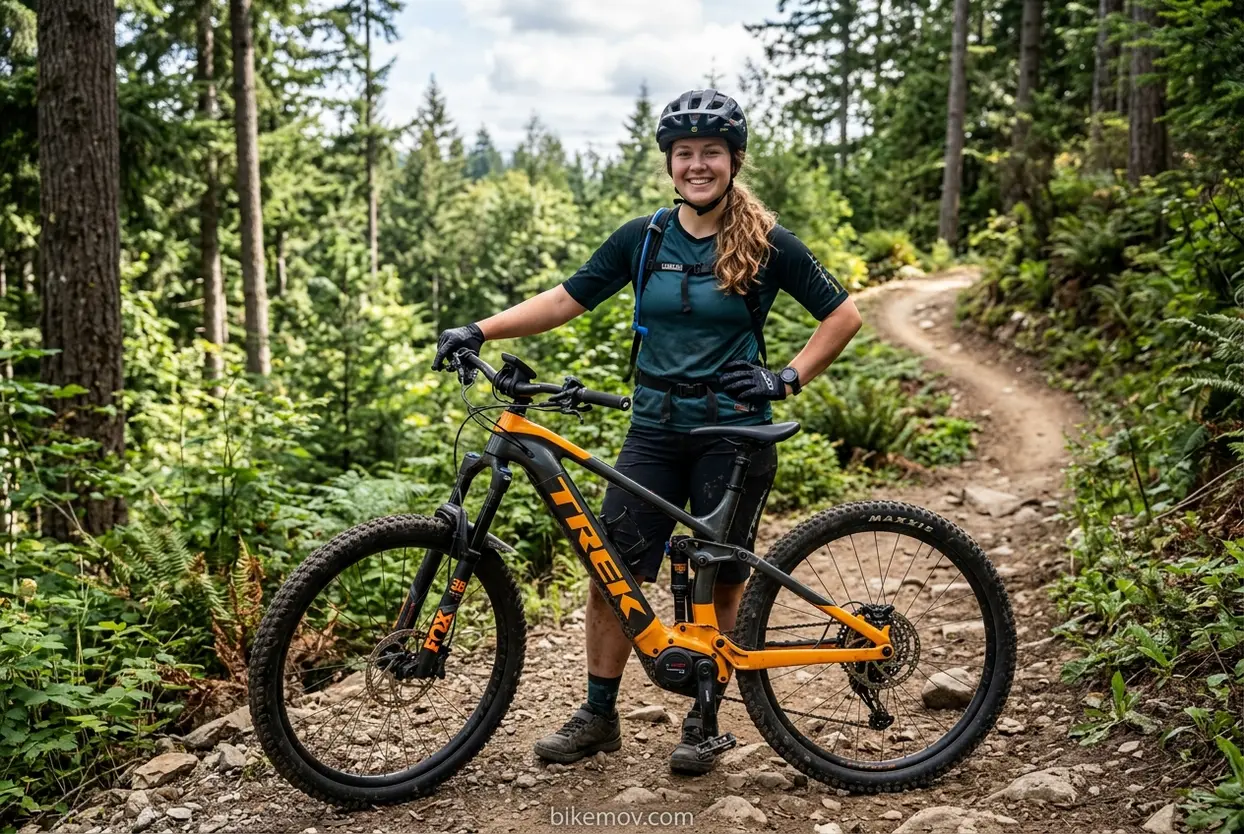 Mulher com E-MTB na Trilha Mulher com bicicleta elétrica de montanha
