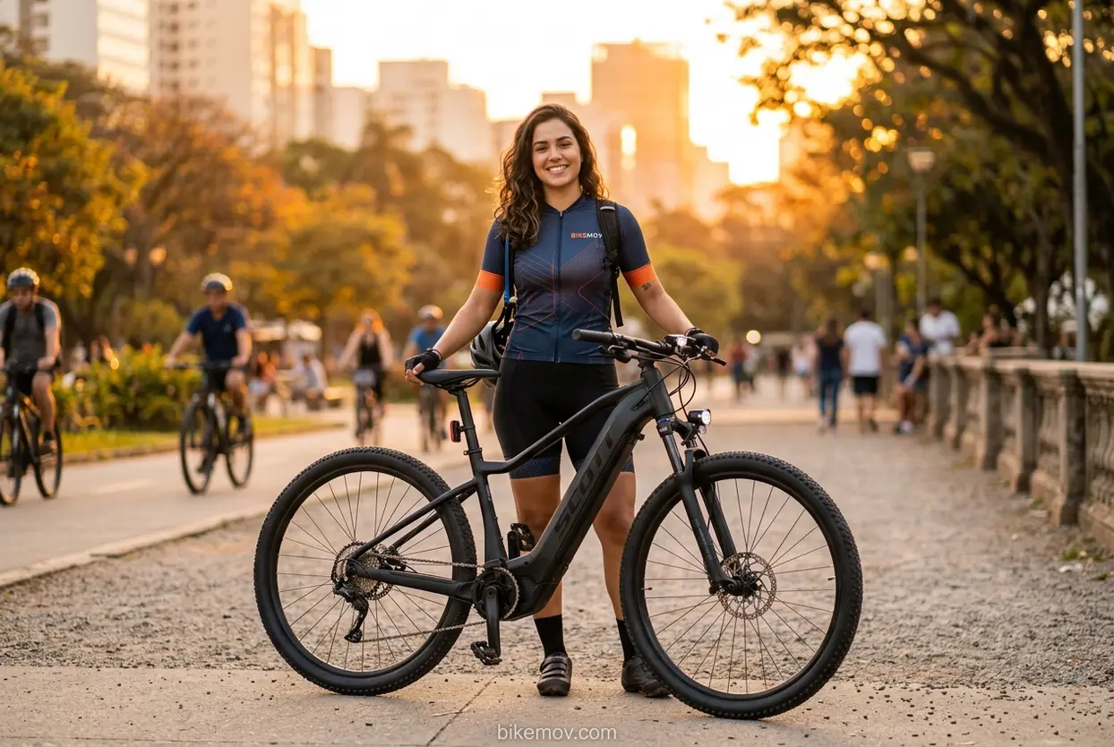 Mulher sorrindo com bicicleta elétrica moderna