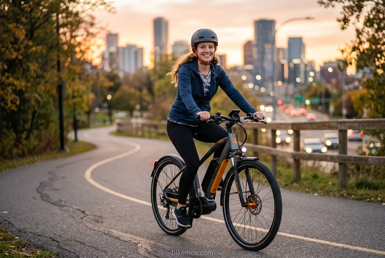 Mulher jovem pedalando bicicleta elétrica urbana