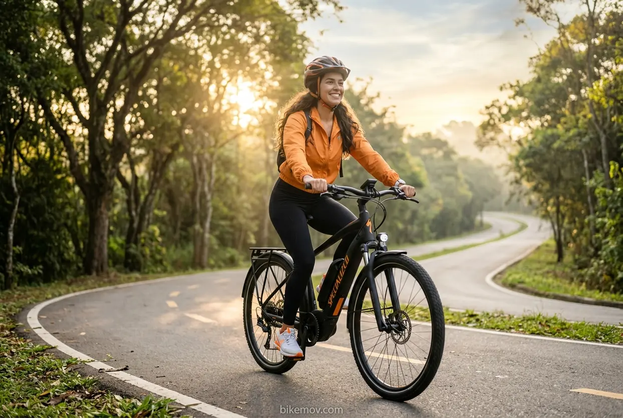 Mulher jovem em bicicleta elétrica em ciclovia
