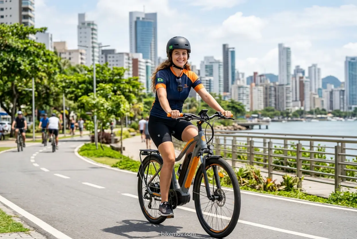 Mulher pedalando bicicleta elétrica urbana