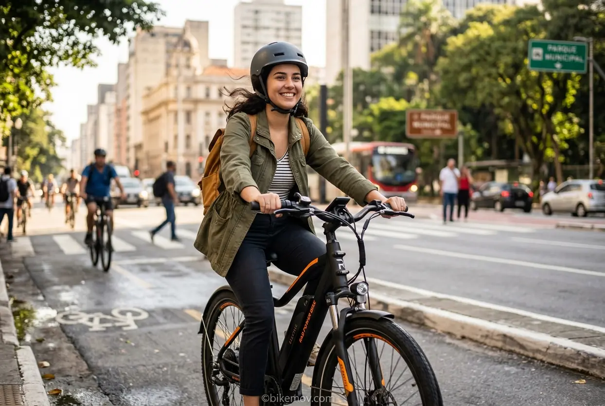 Mulher jovem pedalando bike elétrica para o trabalho