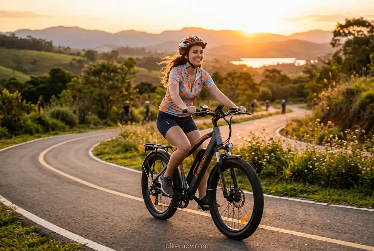 Mulher pedalando e-bike com pedal assistido