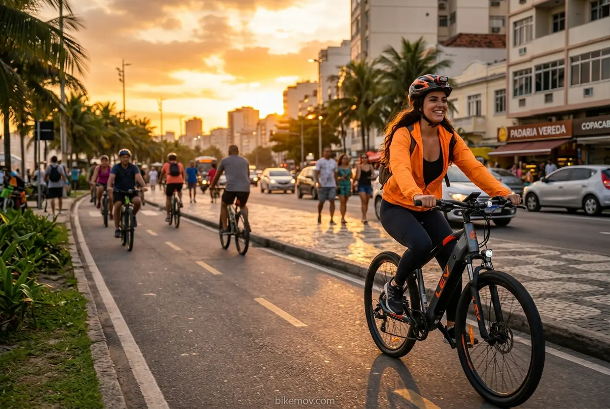 Mulher jovem feliz pedalando bicicleta elétrica em ambiente urbano.