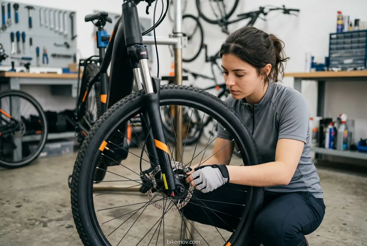 Verificação de Freios E-bike Mulher verificando freios da e-bike.